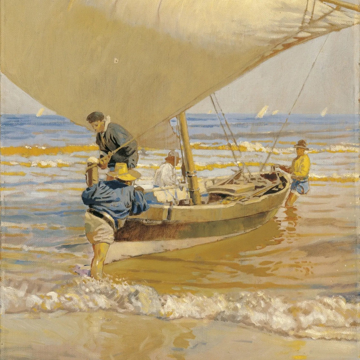 Nautical Oil Paintings - Sailing Boat on Shore with Figures - Oil Painting Haven