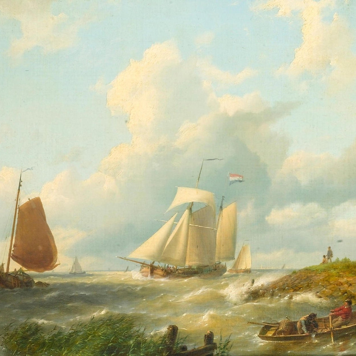 Hand-painted sailing boats by the coast nautical oil painting on canvas