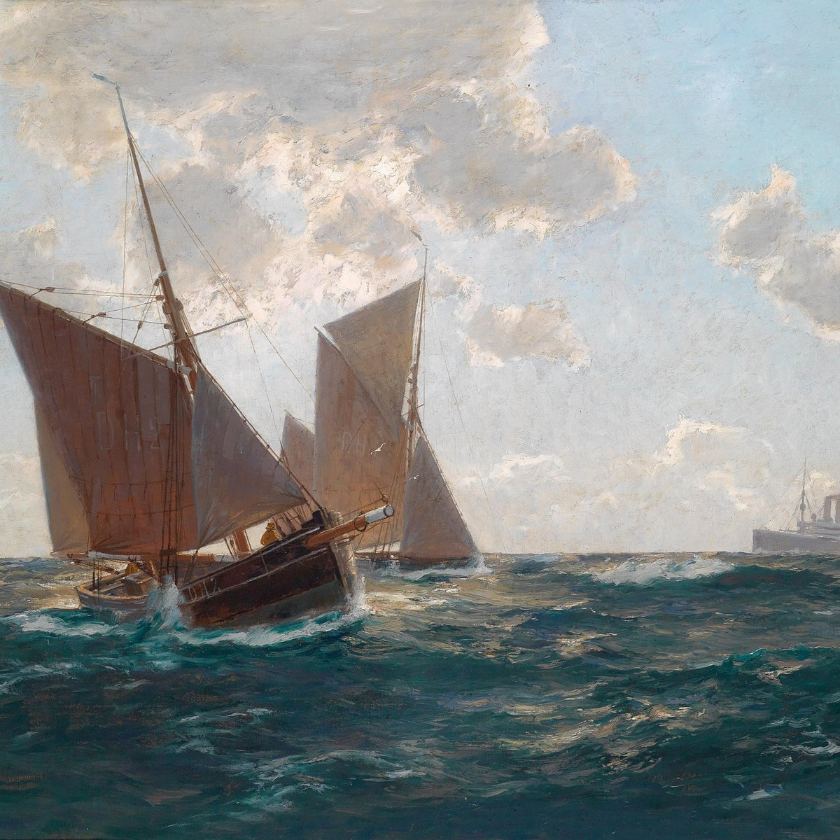 Hand-painted sailing boats on open sea nautical oil painting on canvas