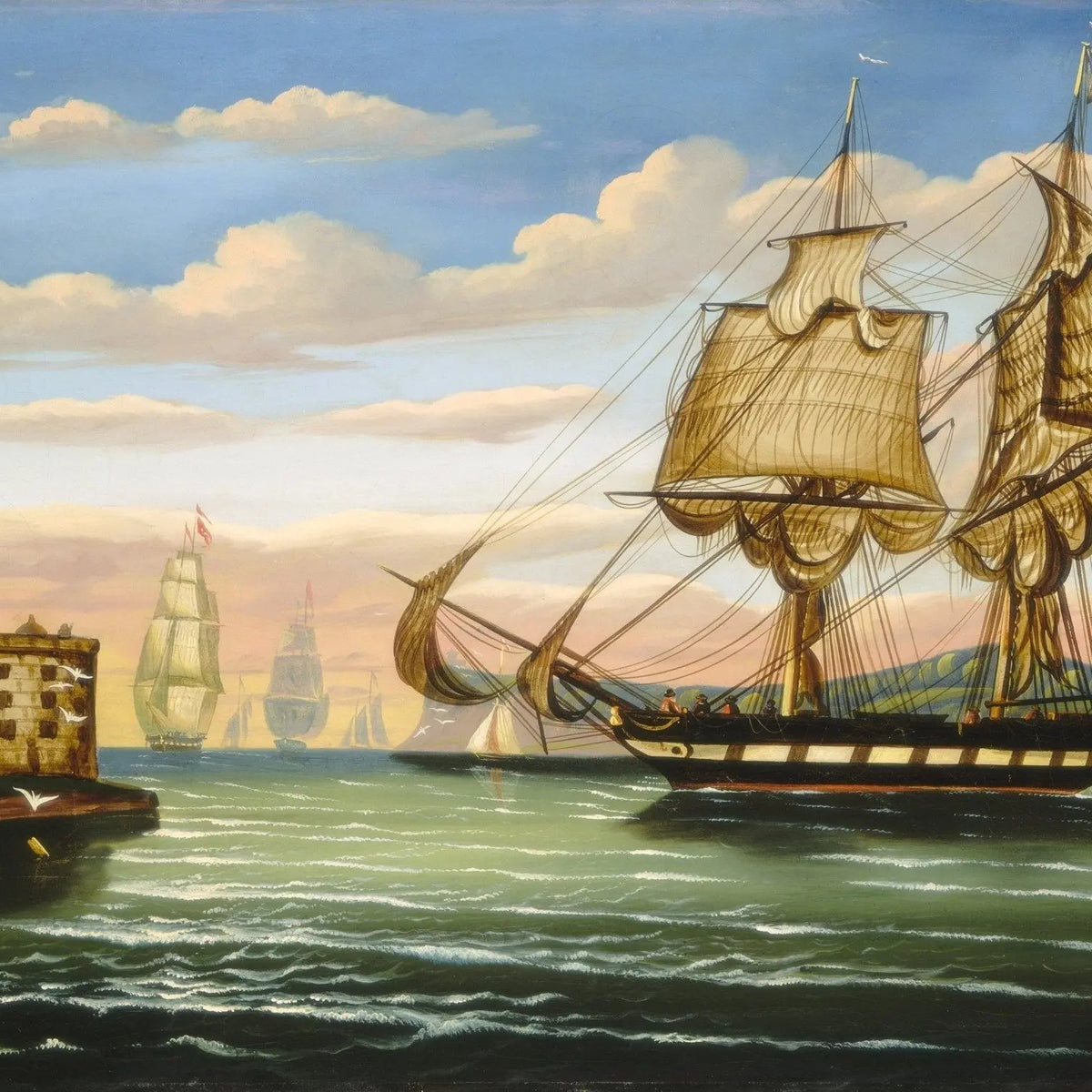 Nautical Oil Paintings - Sailing Ship by Coastal Fort - Oil Painting Haven