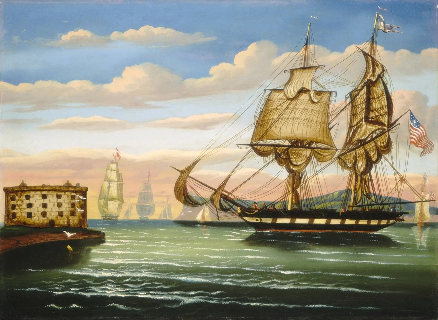 Nautical Oil Paintings - Sailing Ship by Coastal Fort - Oil Painting Haven