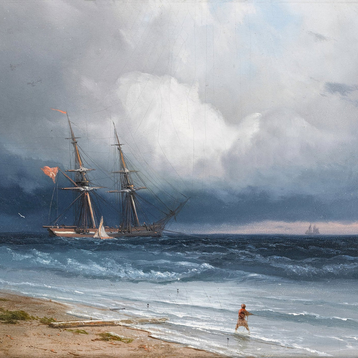 Hand-painted sailing ship near stormy coast nautical oil painting on canvas