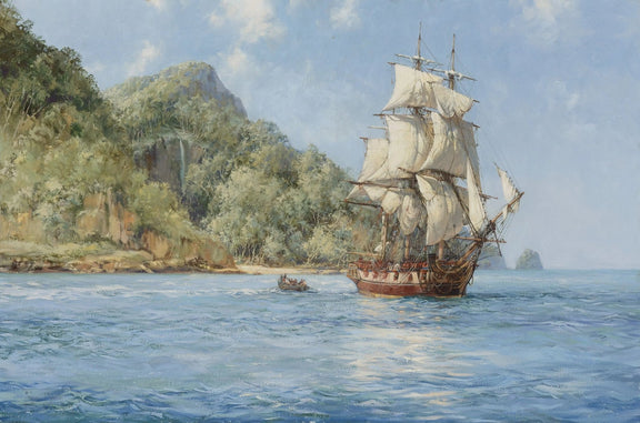 Nautical Oil Paintings - Sailing Ship Near Tropical Coast - Oil Painting Haven
