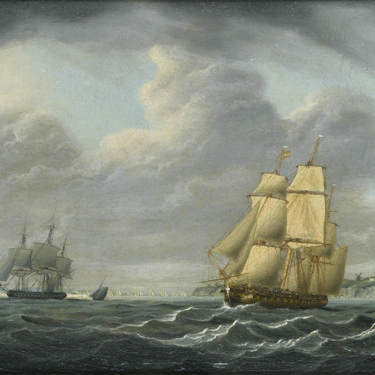 Hand-painted sailing ships by coast under gray clouds nautical oil painting on canvas