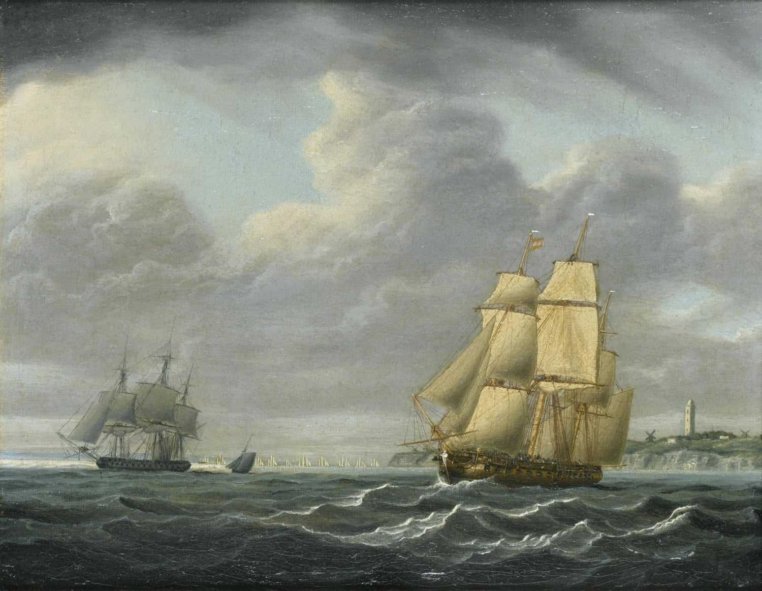 Hand-painted sailing ships by coast under gray clouds nautical oil painting on canvas