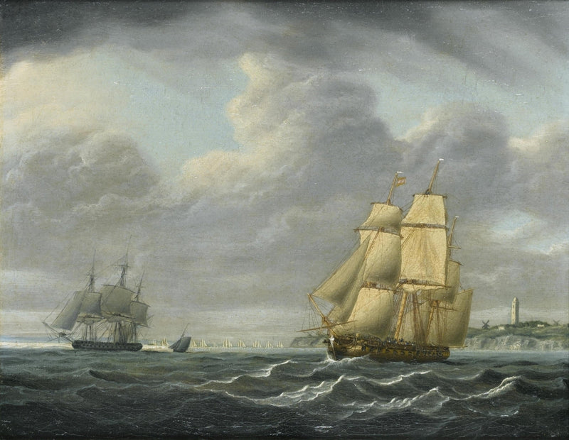 Hand-painted sailing ships by coast under gray clouds nautical oil painting on canvas