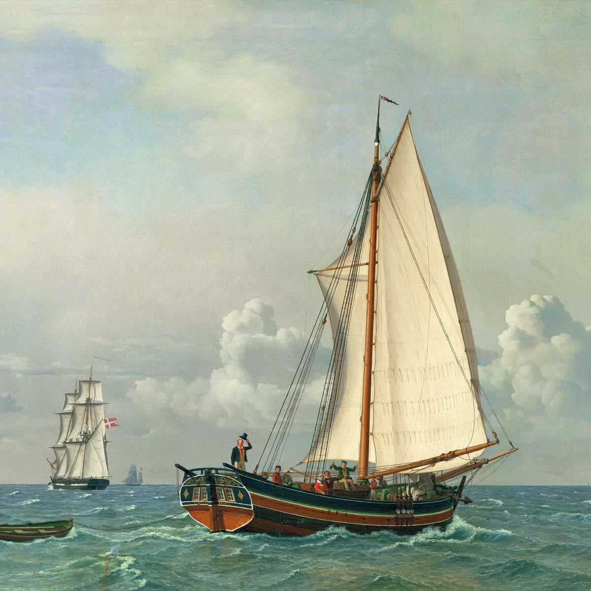 Hand-painted sailing yacht with distant tall ships nautical oil painting on canvas