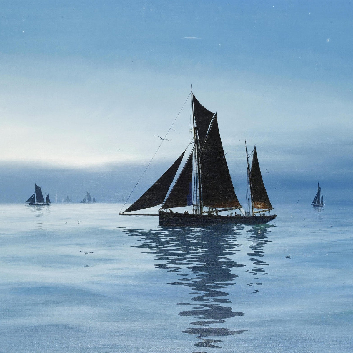 Hand-painted schooner at blue dawn on still sea nautical oil painting on canvas