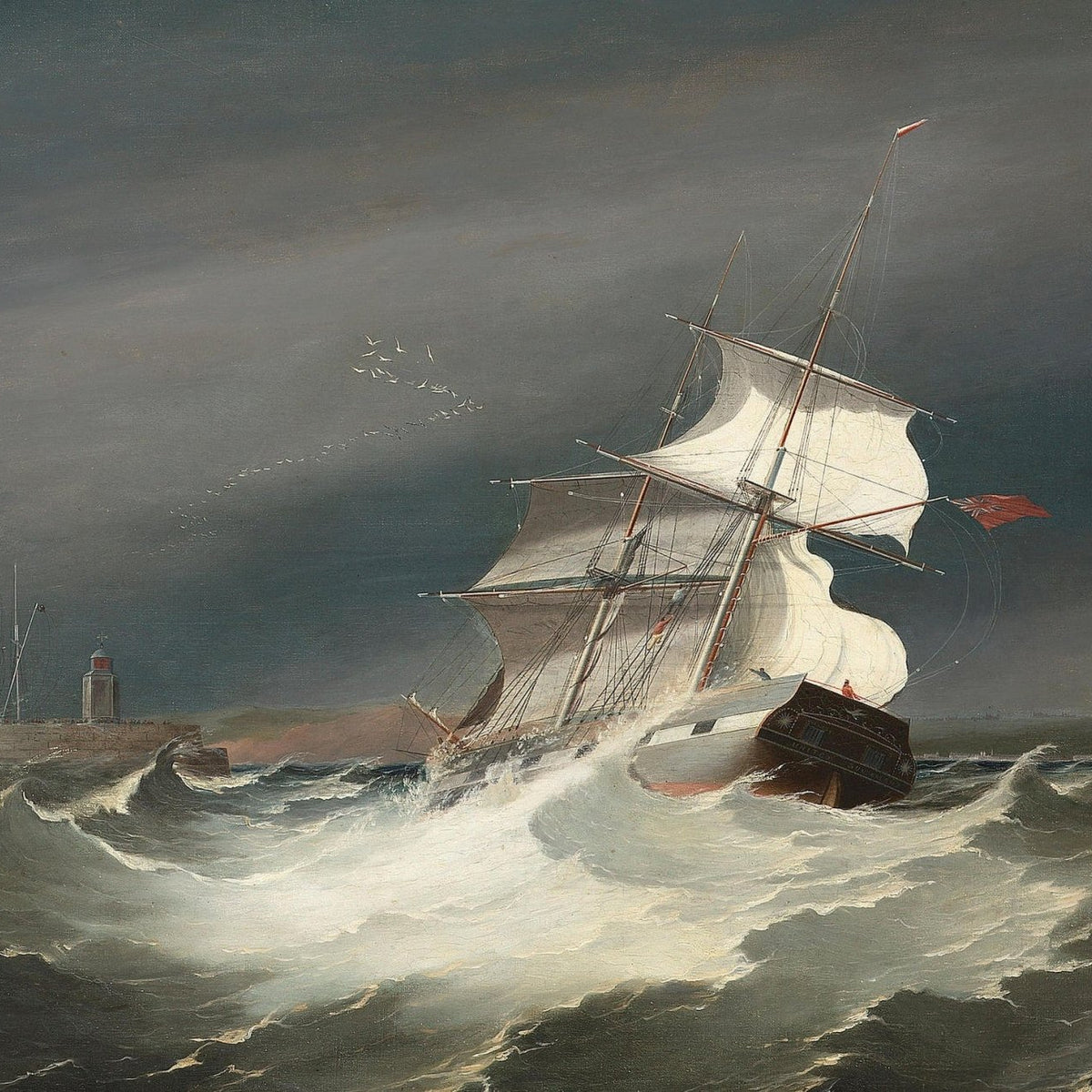 Hand-painted schooner in storm waves by harbor light nautical oil painting on canvas