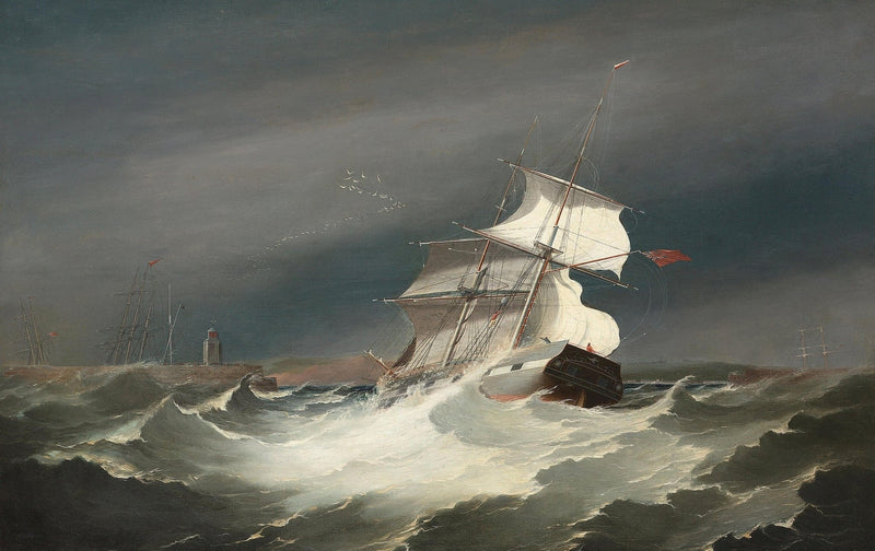 Hand-painted schooner in storm waves by harbor light nautical oil painting on canvas
