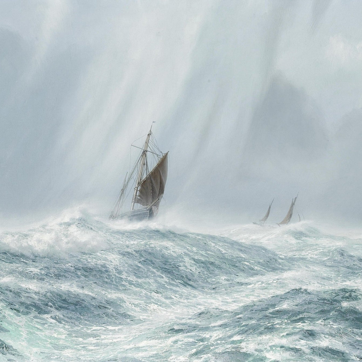 Nautical Oil Paintings - Schooner in Stormy Sea with High Waves - Oil Painting Haven