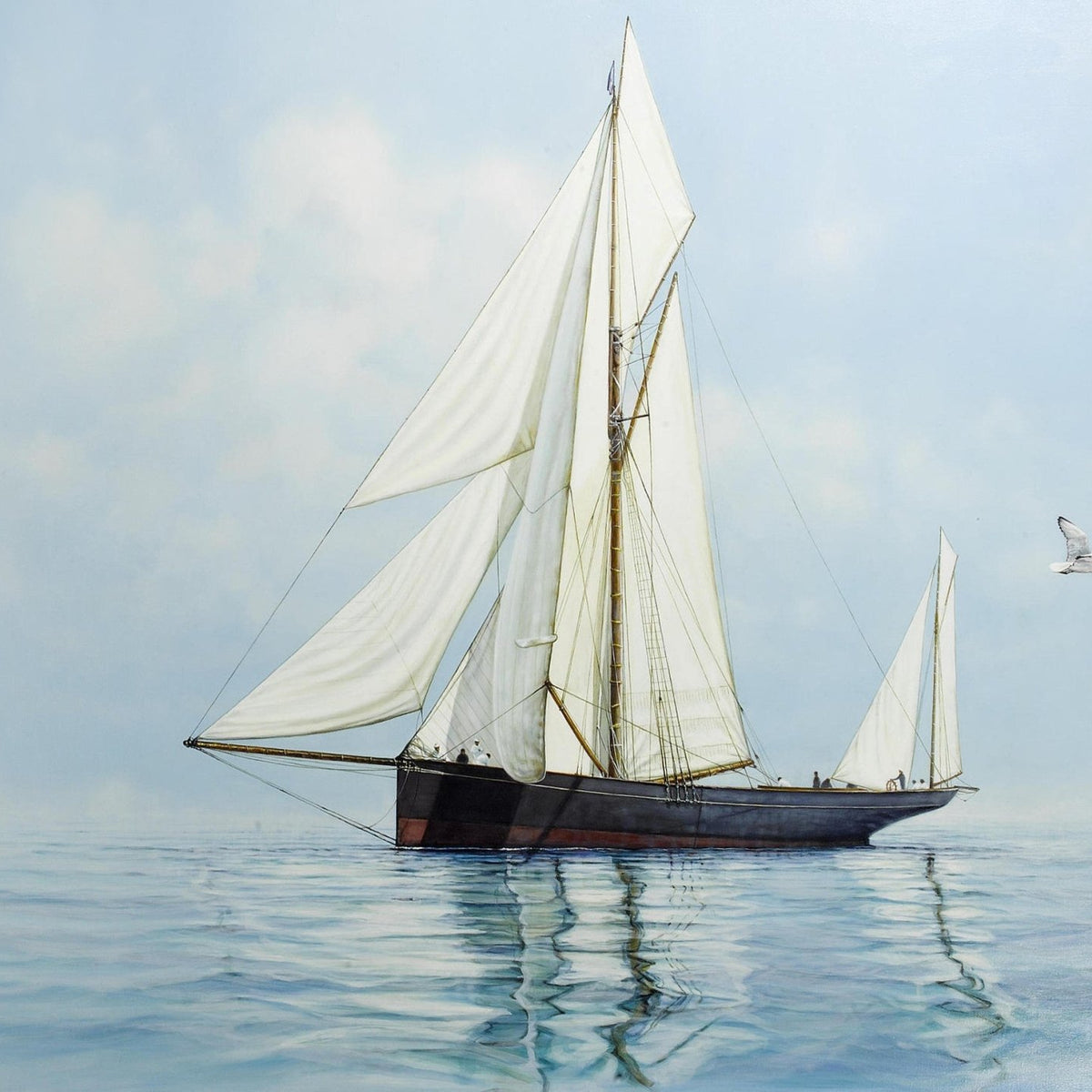 Hand-painted schooner on calm sea with white sails nautical oil painting on canvas