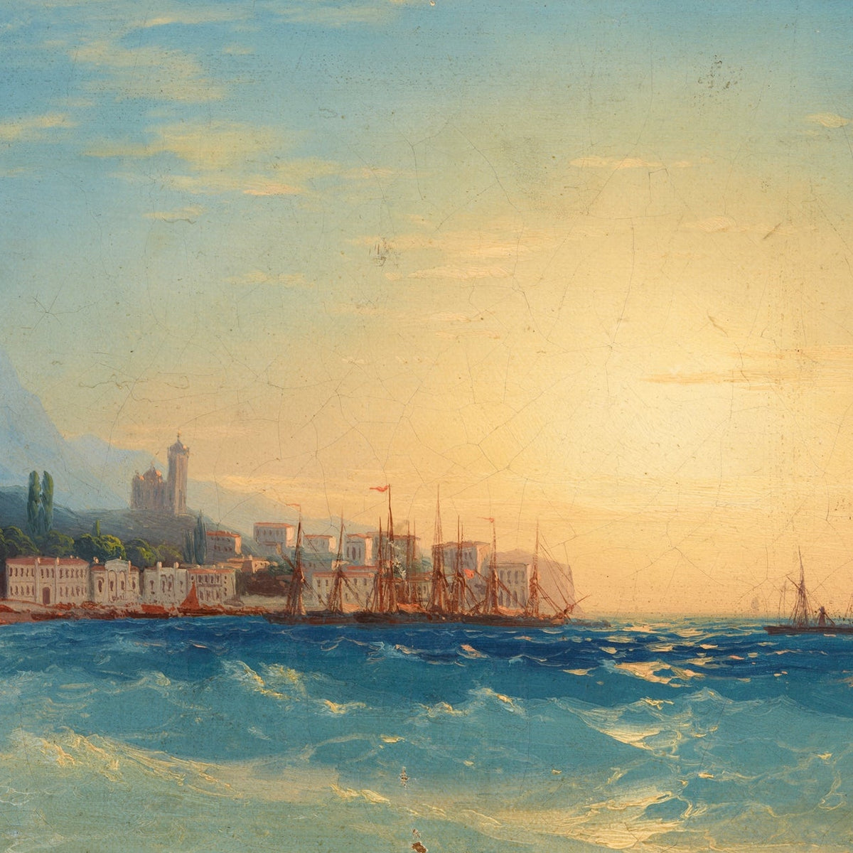 Hand-painted seaside harbor at sunset nautical oil painting on canvas