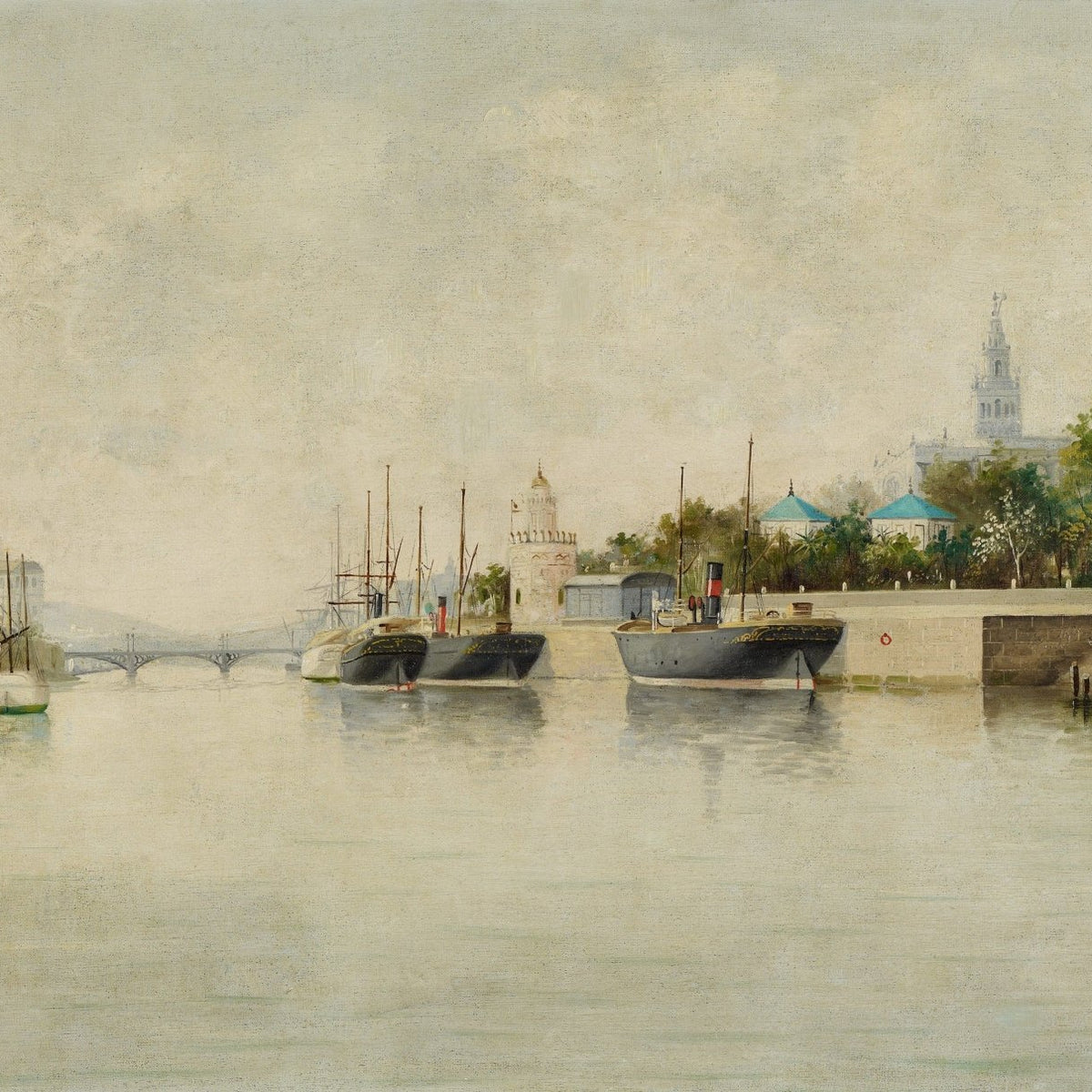 Hand-painted seville harbor boats on calm water nautical oil painting on canvas
