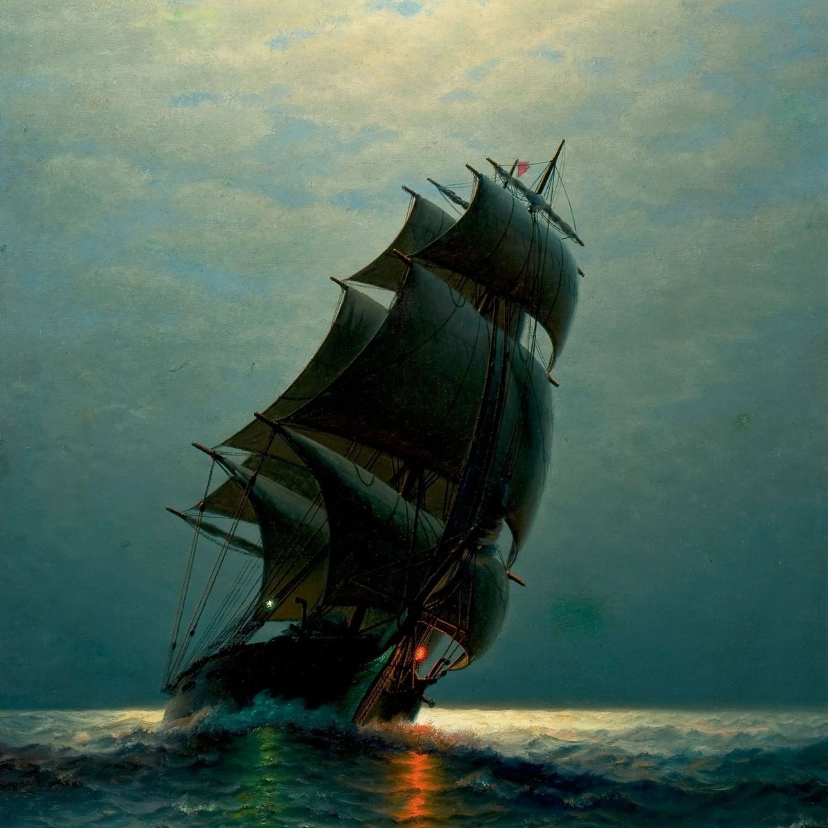 Nautical Oil Paintings - Ship in Stormy Night Sea - Oil Painting Haven