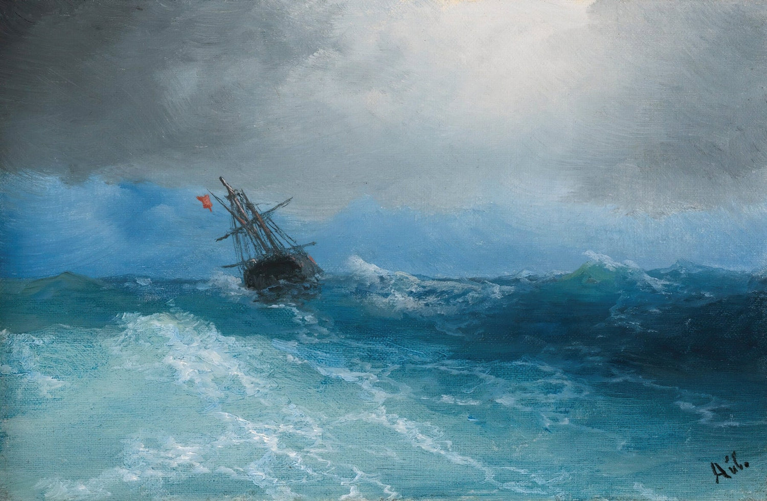 Hand-painted ship in stormy ocean nautical oil painting on canvas