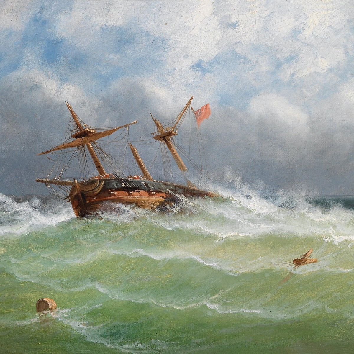 Hand-painted ship in stormy sea nautical oil painting on canvas