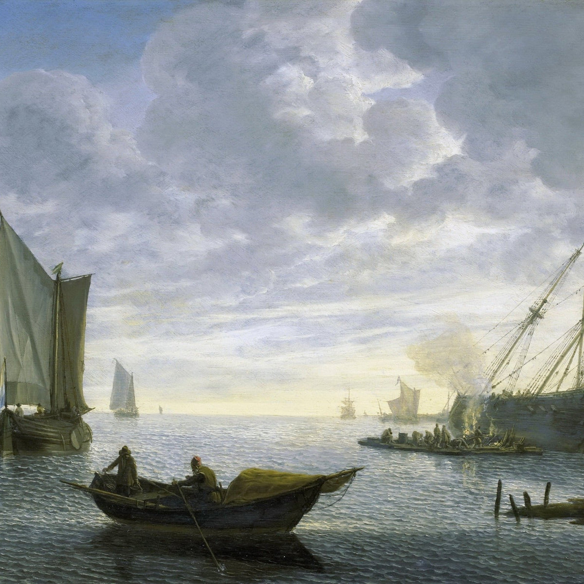 Hand-painted ship repair in a calm harbor nautical oil painting on canvas