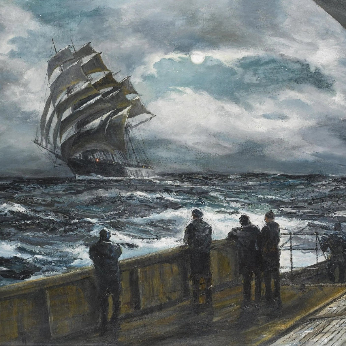 Nautical Oil Paintings - Ship & Sailors in Stormy Night - Oil Painting Haven