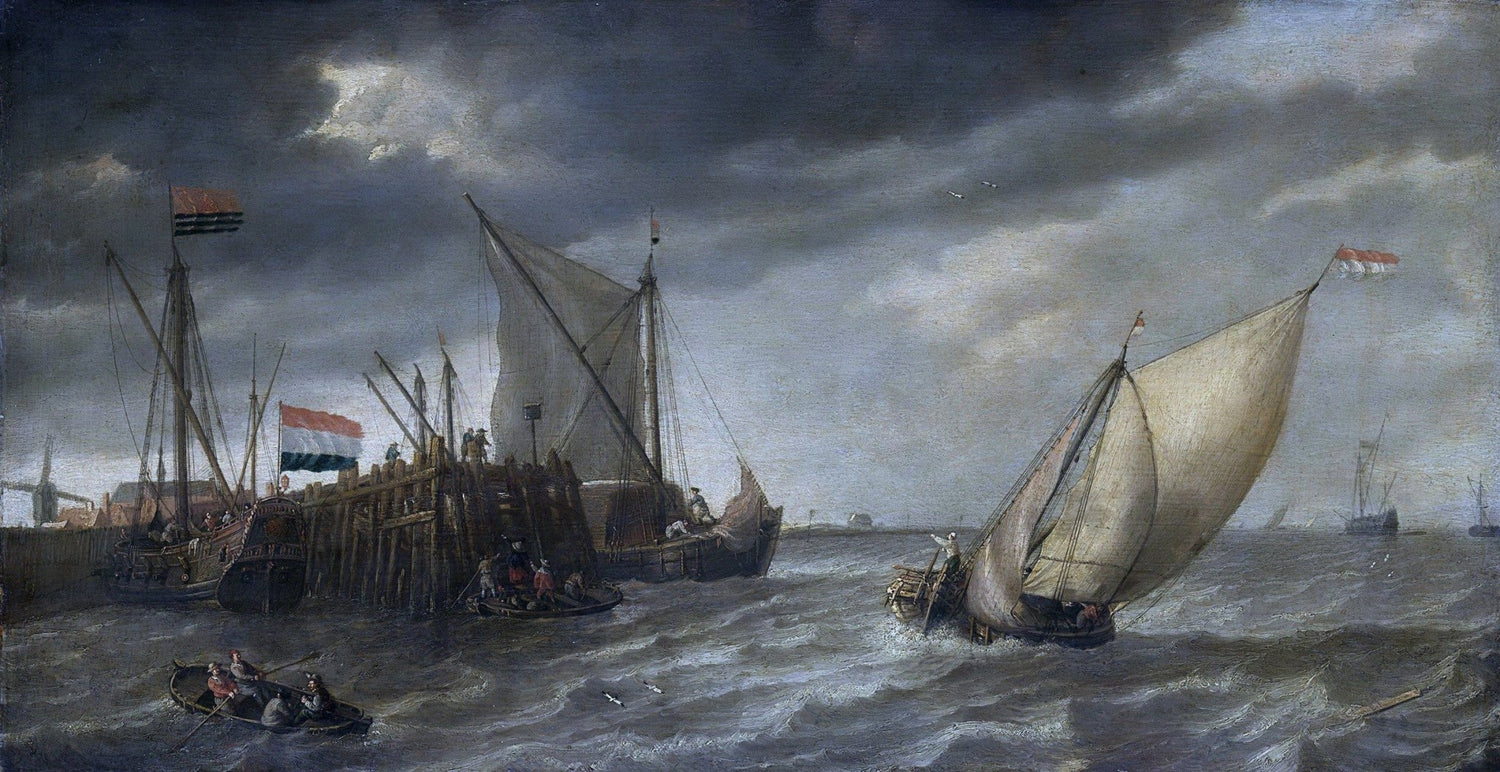 Hand-painted ships by pier in windy sea nautical oil painting on canvas