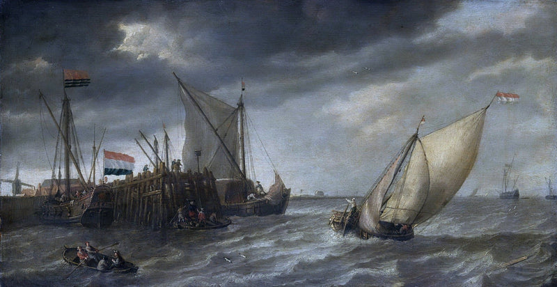 Hand-painted ships by pier in windy sea nautical oil painting on canvas