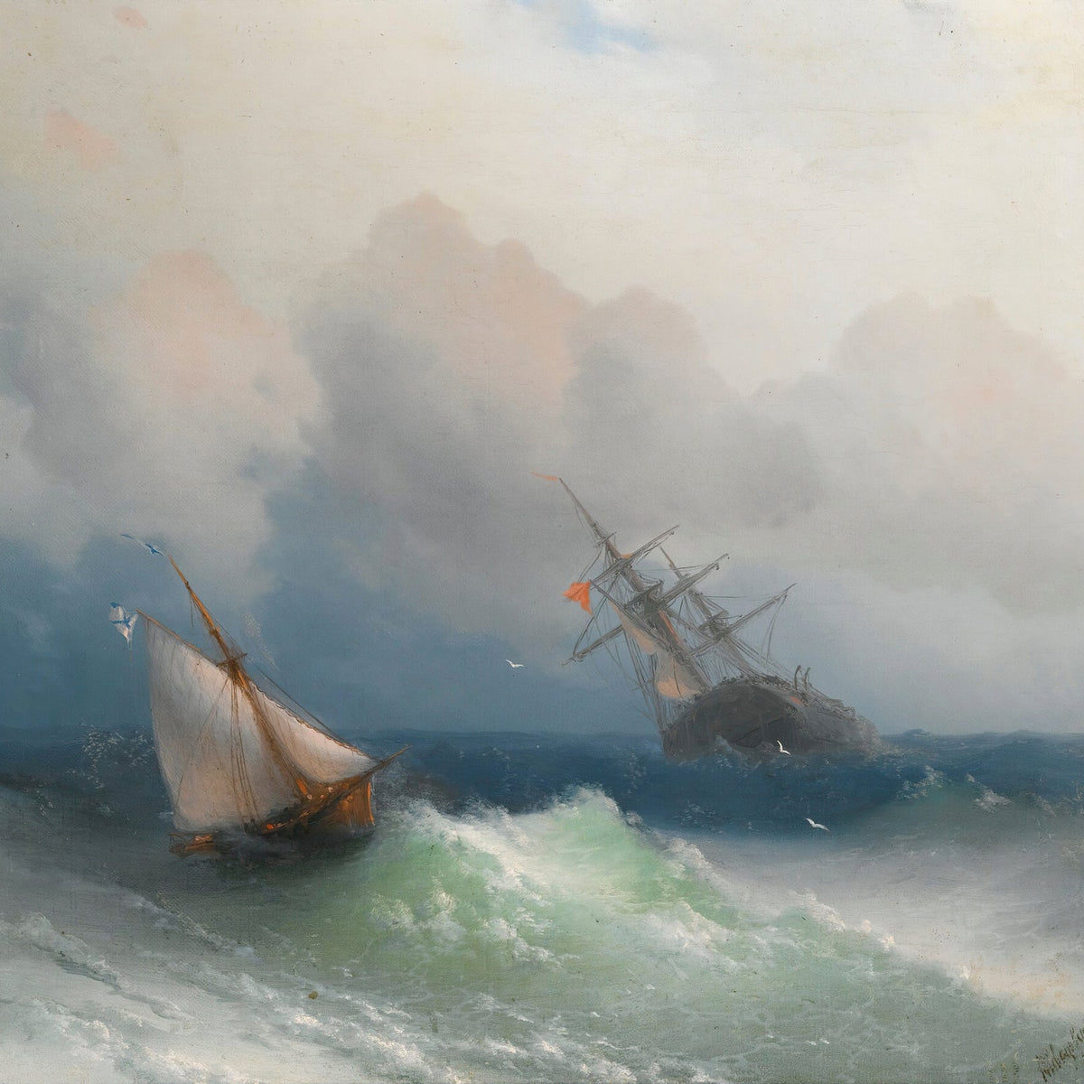 Hand-painted ships in a stormy sea nautical oil painting on canvas