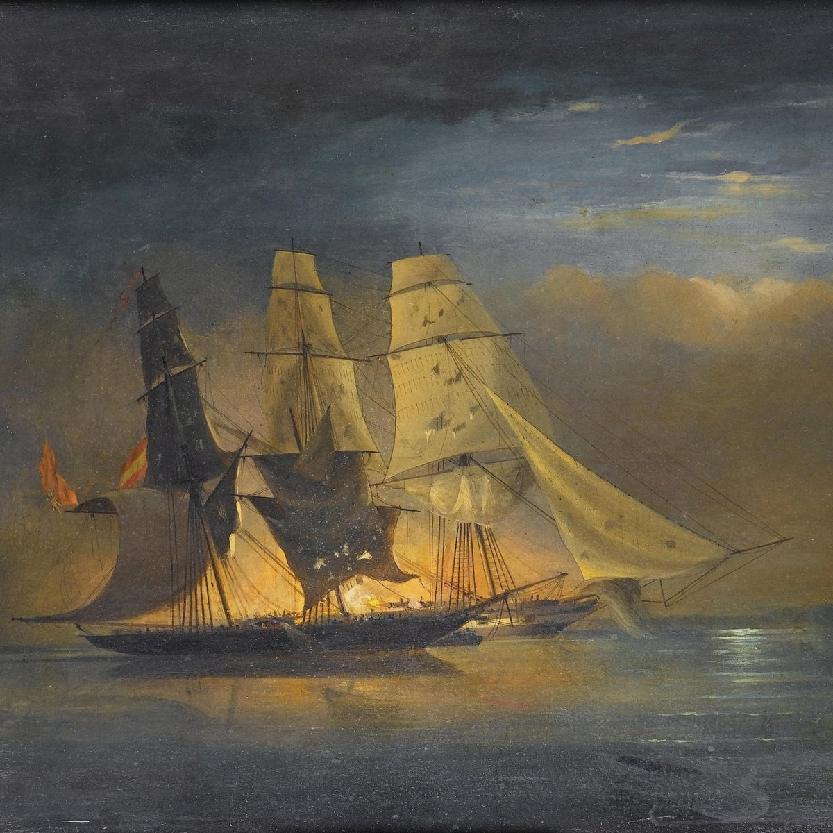 Hand-painted ships in moonlit harbor nautical oil painting on canvas