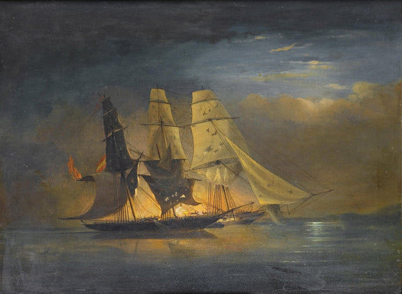 Hand-painted ships in moonlit harbor nautical oil painting on canvas