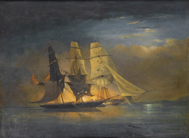 Hand-painted ships in moonlit harbor nautical oil painting on canvas