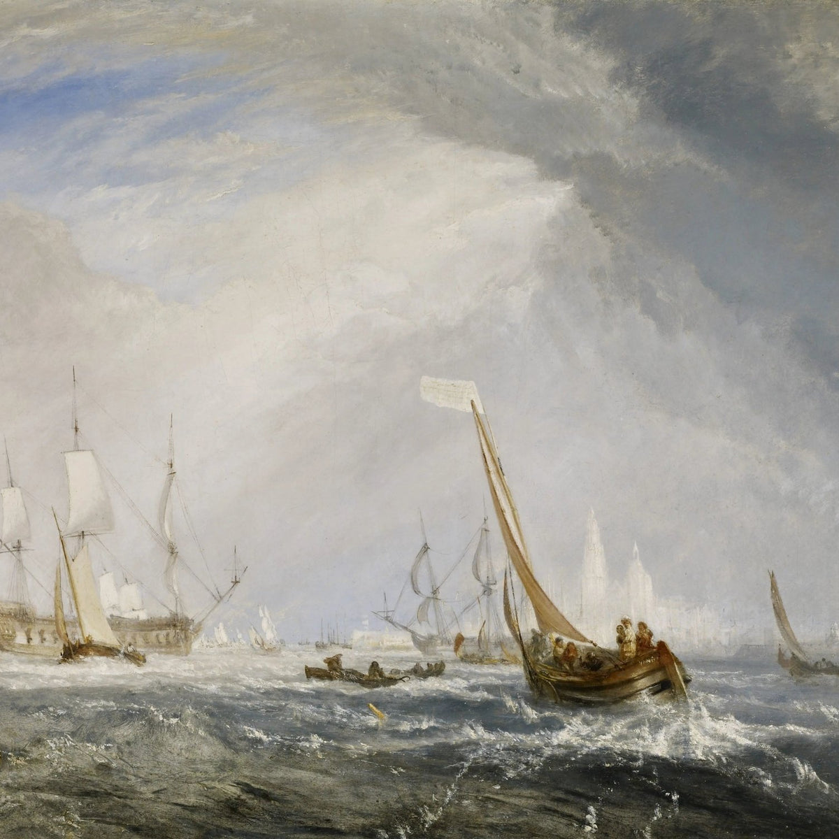 Nautical Oil Paintings - Ships Near Misty Coastal City - Oil Painting Haven