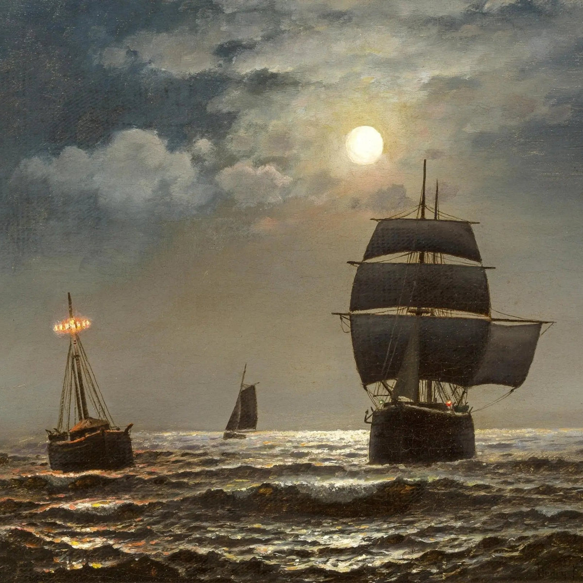 Nautical Oil Paintings - Ships on Moonlit Sea - Oil Painting Haven