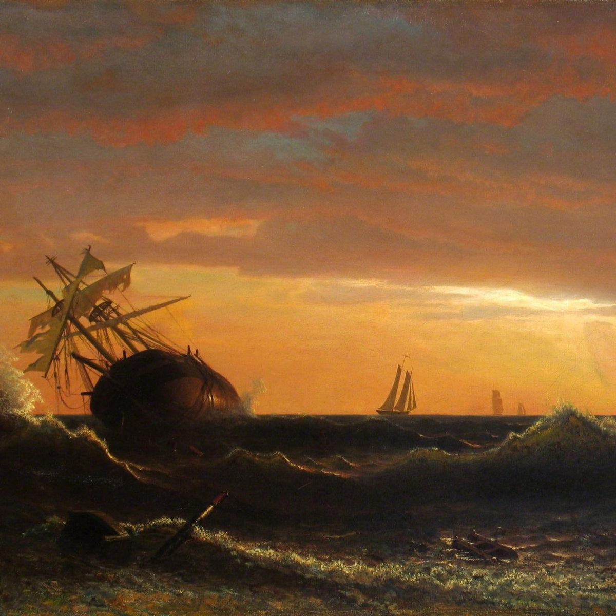 Hand-painted shipwreck at fiery sunset coast nautical oil painting on canvas