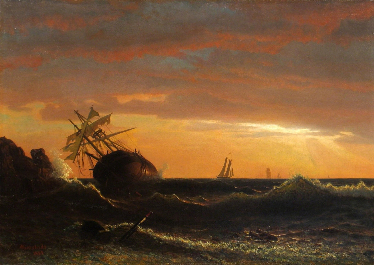 Hand-painted shipwreck at fiery sunset coast nautical oil painting on canvas