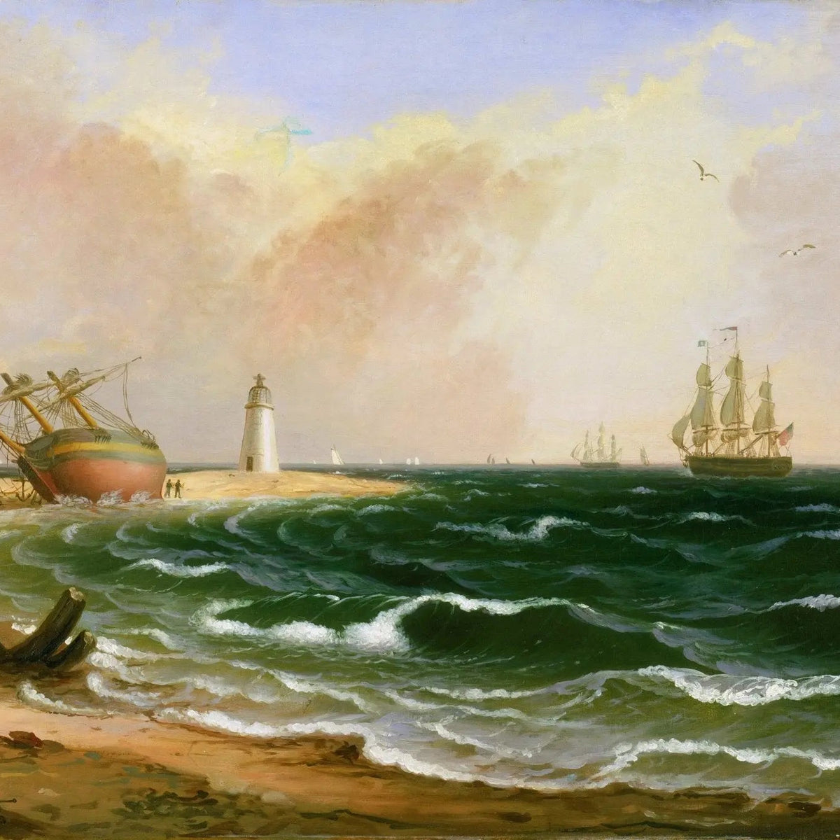 Nautical Oil Paintings - Shipwreck by Lighthouse on Coast - Oil Painting Haven