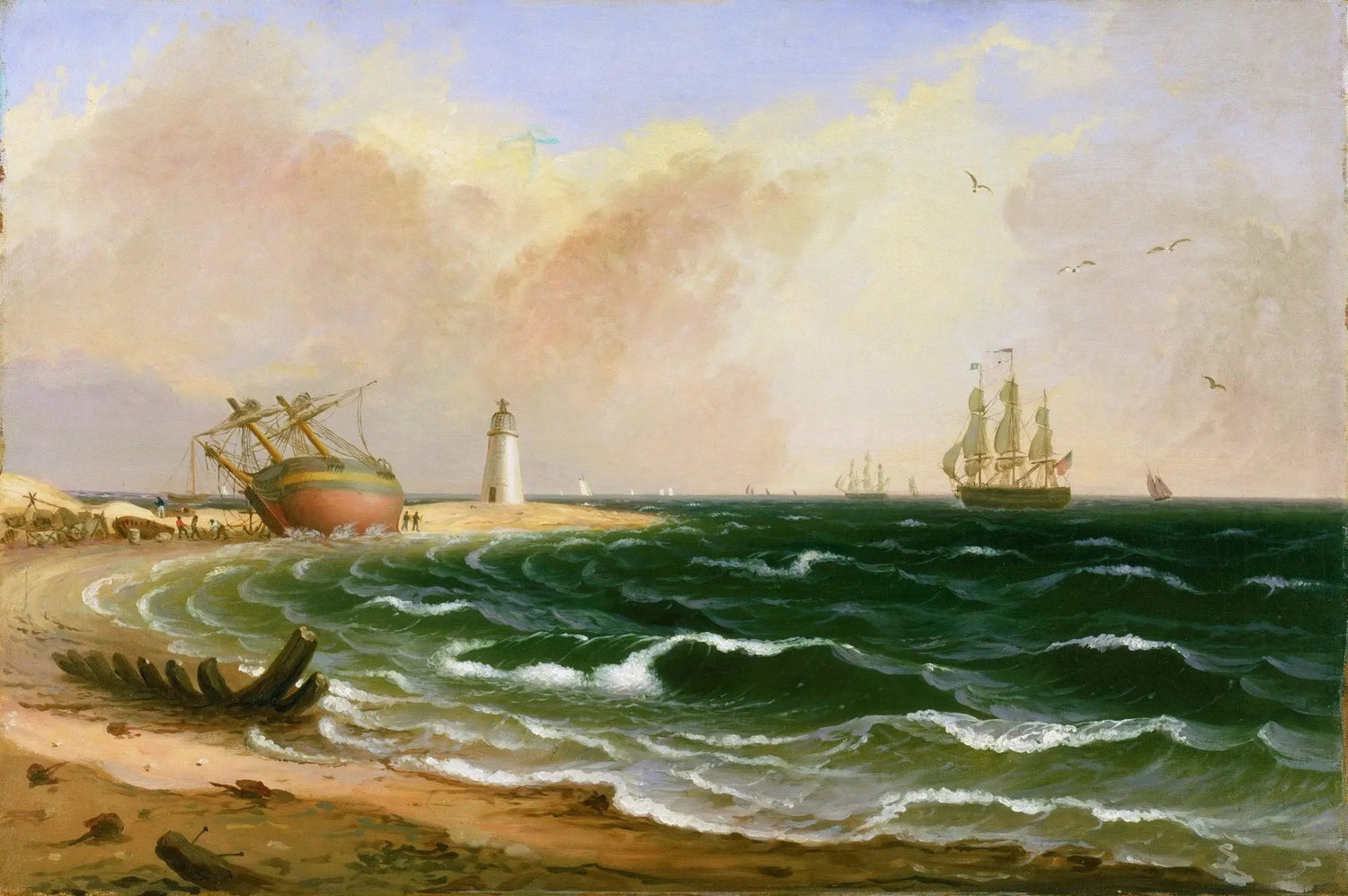 Nautical Oil Paintings - Shipwreck by Lighthouse on Coast - Oil Painting Haven