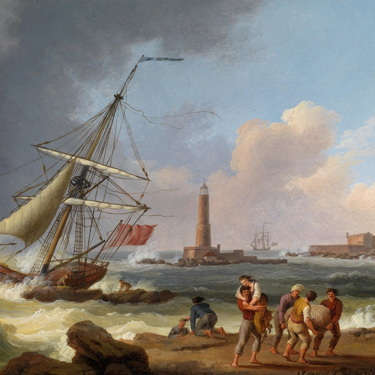 Hand-painted shipwreck by the lighthouse nautical oil painting on canvas