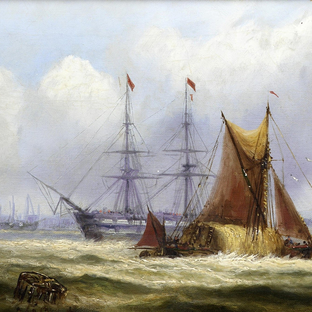 Hand-painted smack and tall ship in rough coastal nautical oil painting on canvas