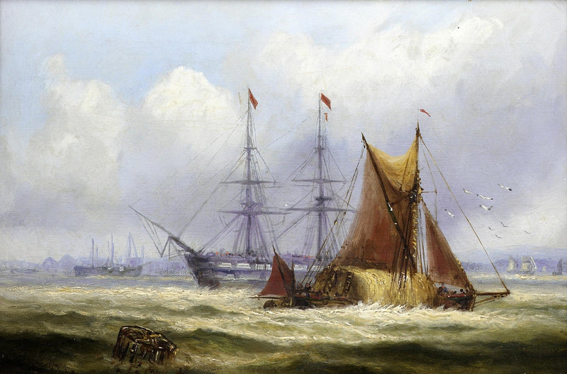 Hand-painted smack and tall ship in rough coastal nautical oil painting on canvas