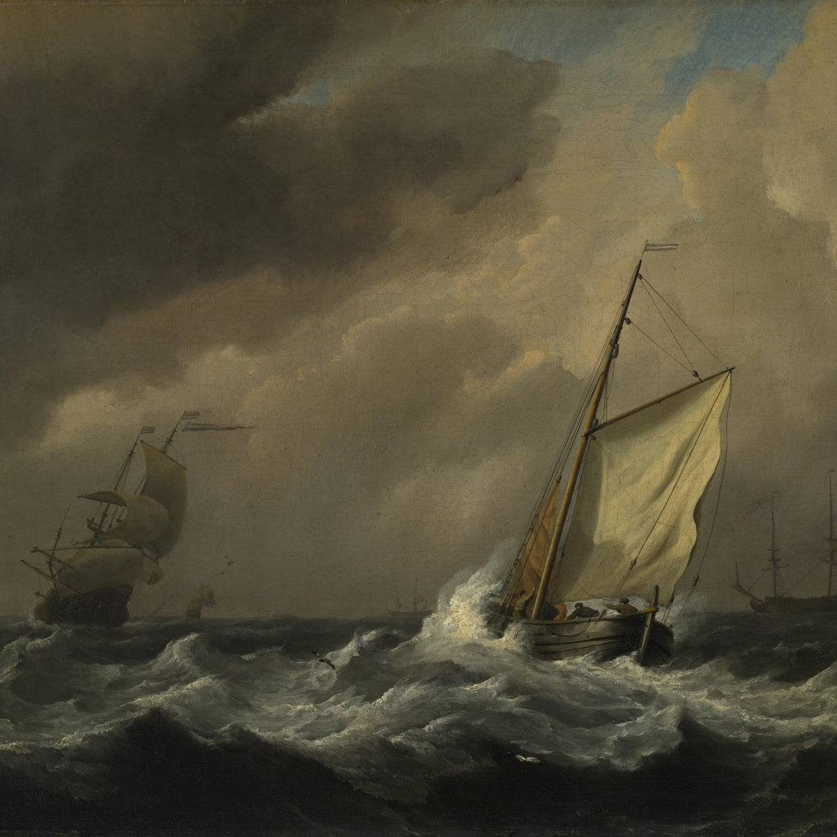 Hand-painted small Dutch vessel in strong breeze nautical oil painting on canvas