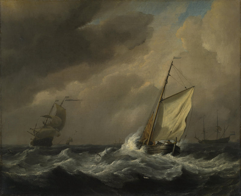 Hand-painted small Dutch vessel in strong breeze nautical oil painting on canvas