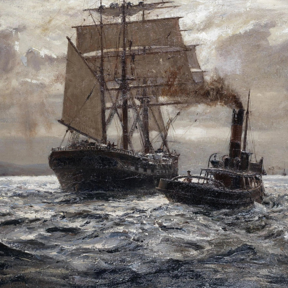 Nautical Oil Paintings - Steam Tugboat and Sailship - Oil Painting Haven