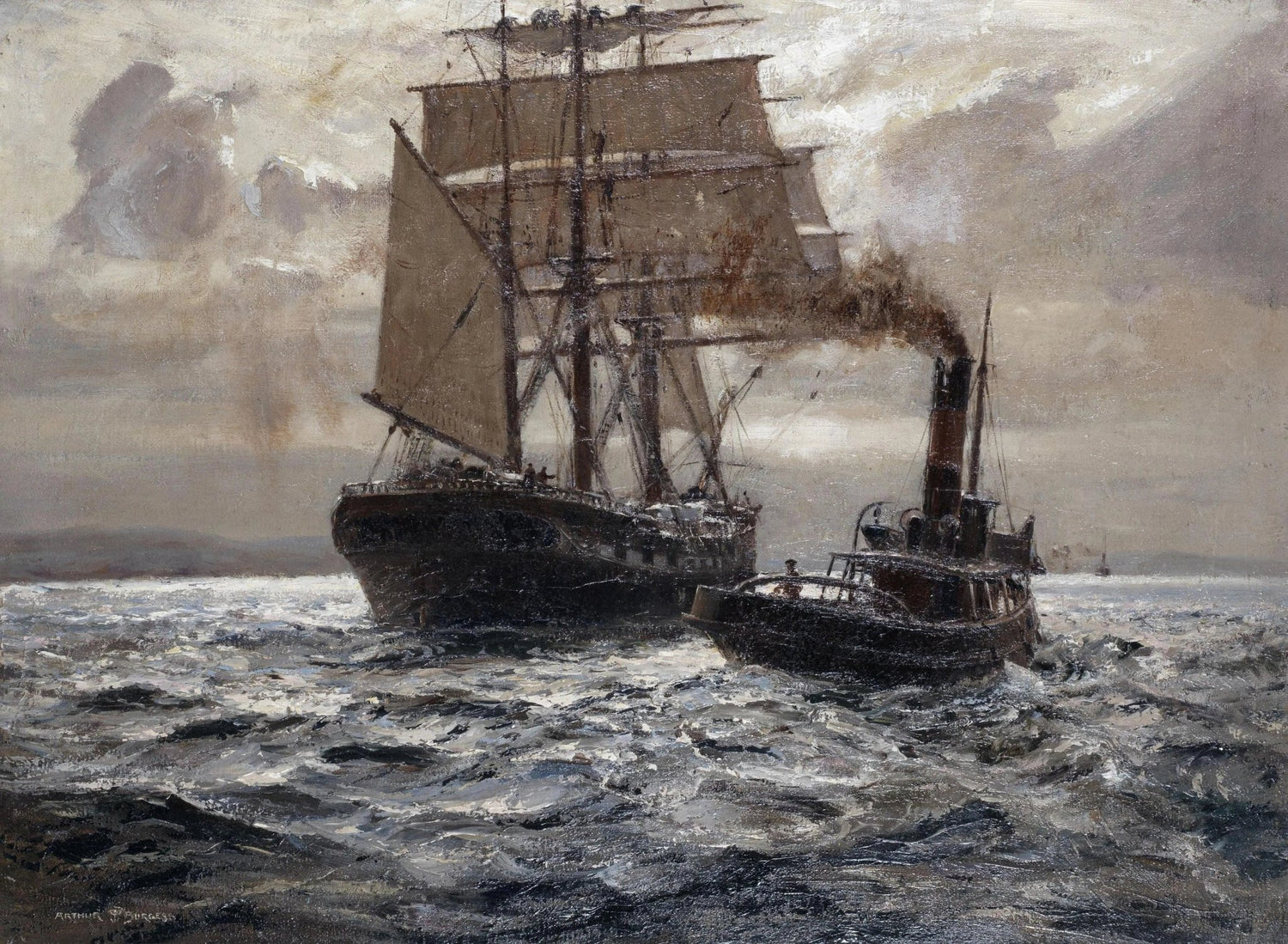 Nautical Oil Paintings - Steam Tugboat and Sailship - Oil Painting Haven