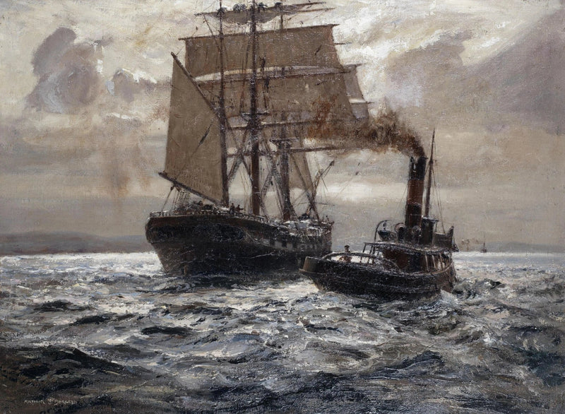 Nautical Oil Paintings - Steam Tugboat and Sailship - Oil Painting Haven