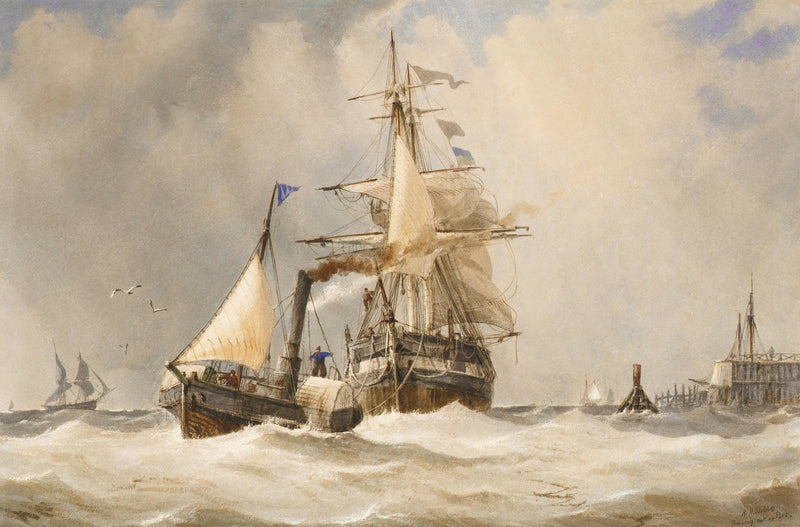 Nautical Oil Paintings - Steamship and Sailboat in Rough Surf - Oil Painting Haven