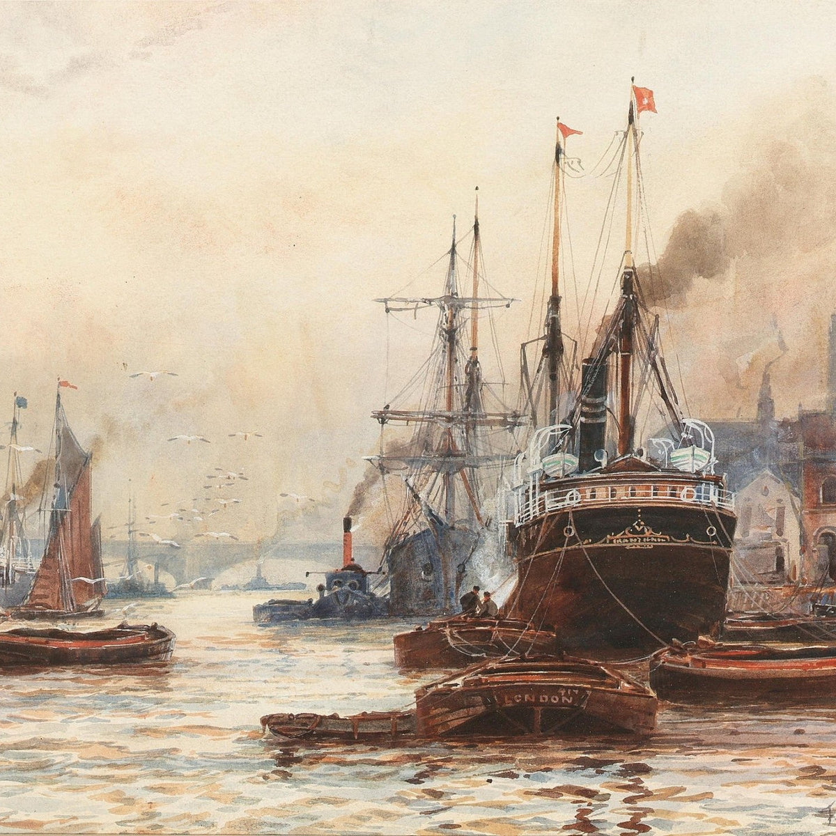Hand-painted steamship harbor at London bridge nautical oil painting on canvas