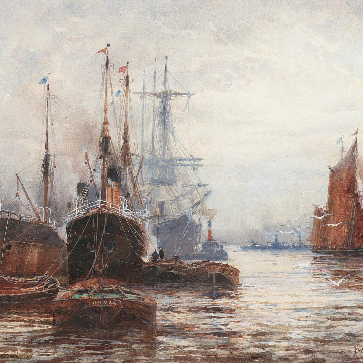Hand-painted steamships and red sail in harbor nautical oil painting on canvas