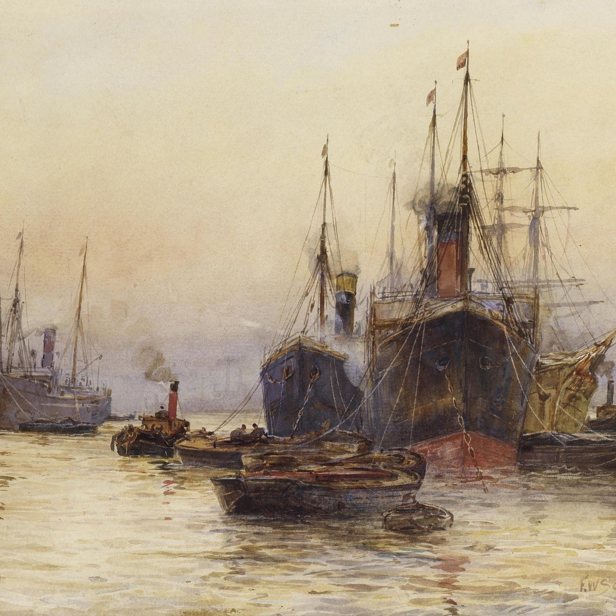 Nautical Oil Paintings - Steamships in London Harbor at Sunset - Oil Painting Haven
