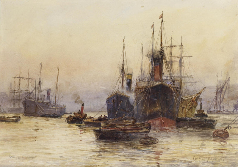 Nautical Oil Paintings - Steamships in London Harbor at Sunset - Oil Painting Haven