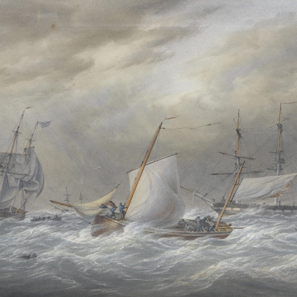 Hand-painted storm rescue boats in heavy seas nautical oil painting on canvas