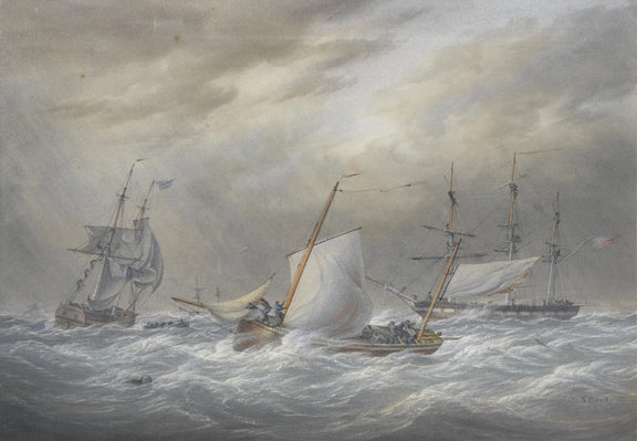 Hand-painted storm rescue boats in heavy seas nautical oil painting on canvas